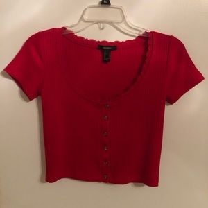 Red Ribbed Lace-Edge Button-Up Crop Top